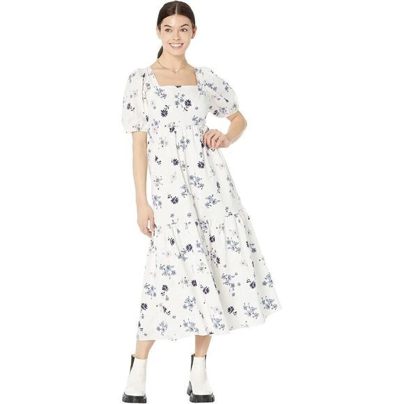 WAYF Women's Tie Back Puff Sleeve Midi Dress Ivory Stamp Floral size S NWT $128 - Picture 1 of 6